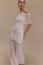 Caspian Slinky And Mesh Off Shoulder Maxi Dress in Pale Pink – Chic&Drifts