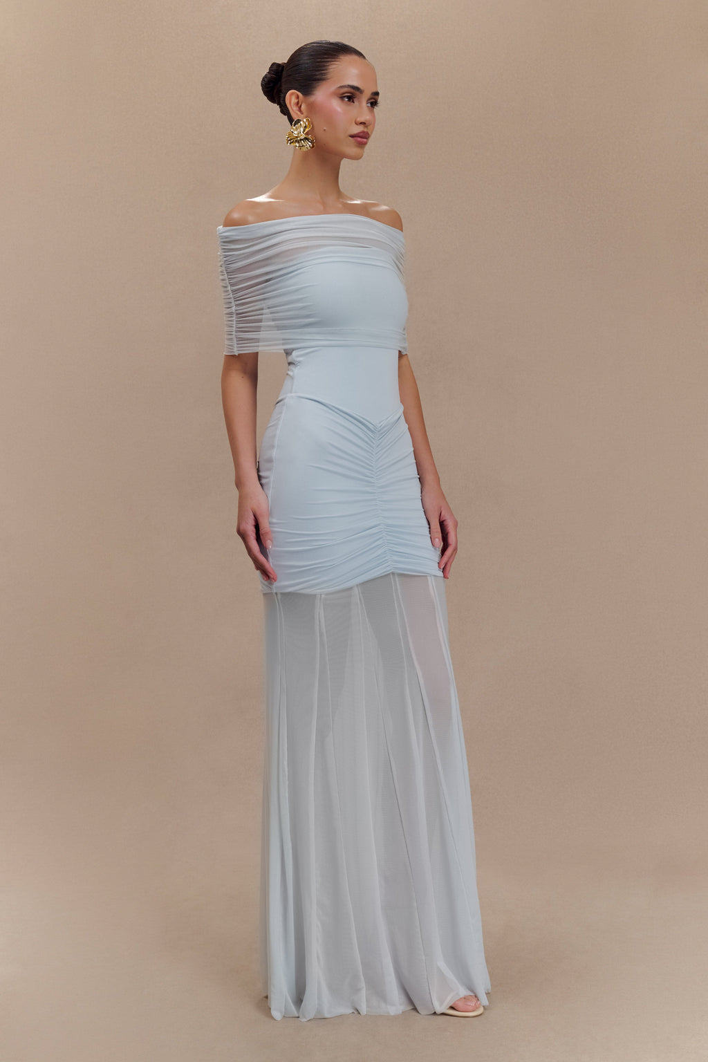 Caspian Slinky And Mesh Off Shoulder Maxi Dress in Pale Blue – Chic&Drifts