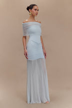 Caspian Slinky And Mesh Off Shoulder Maxi Dress in Pale Blue – Chic&Drifts