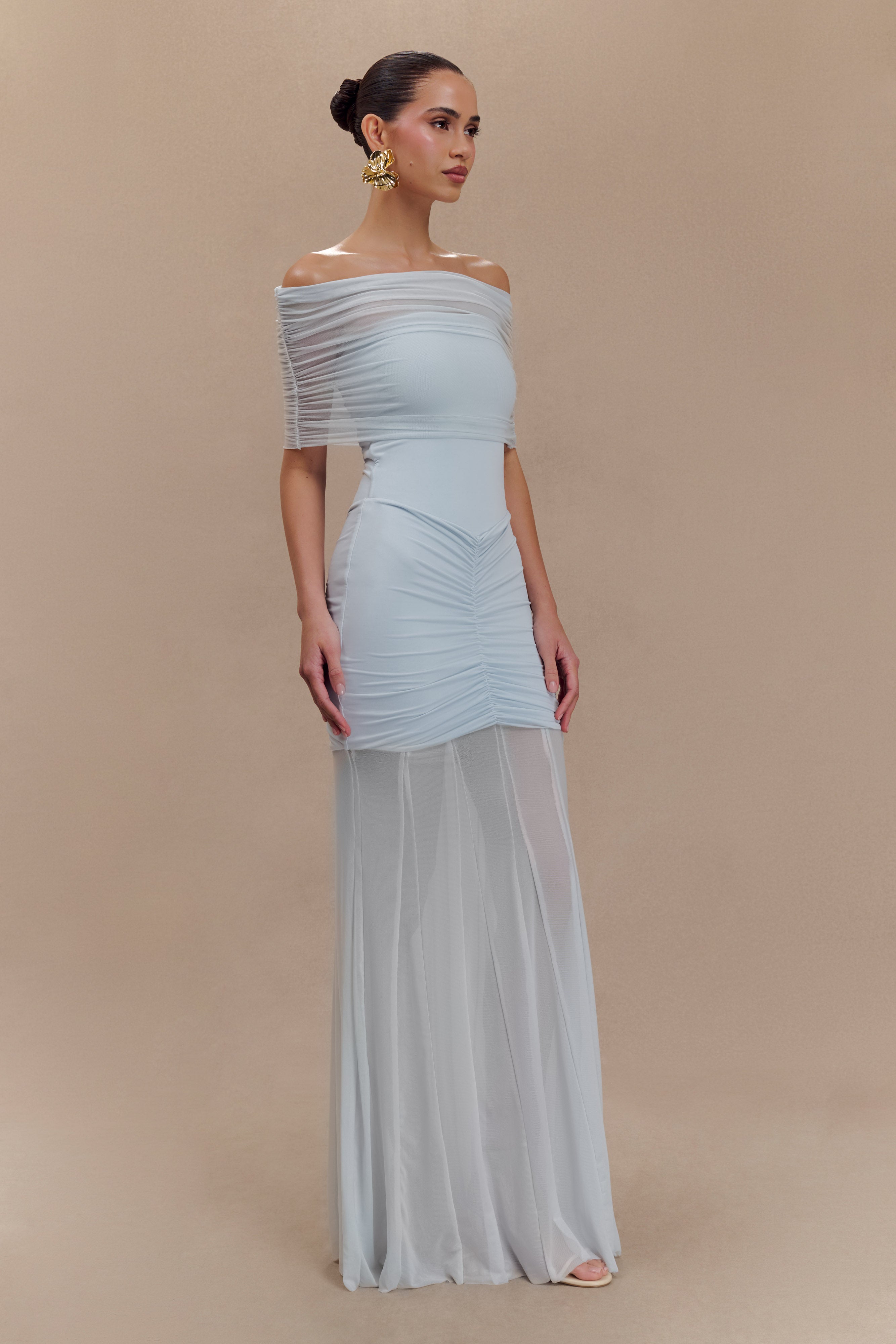 Caspian Slinky And Mesh Off Shoulder Maxi Dress in Pale Blue – Chic&Drifts