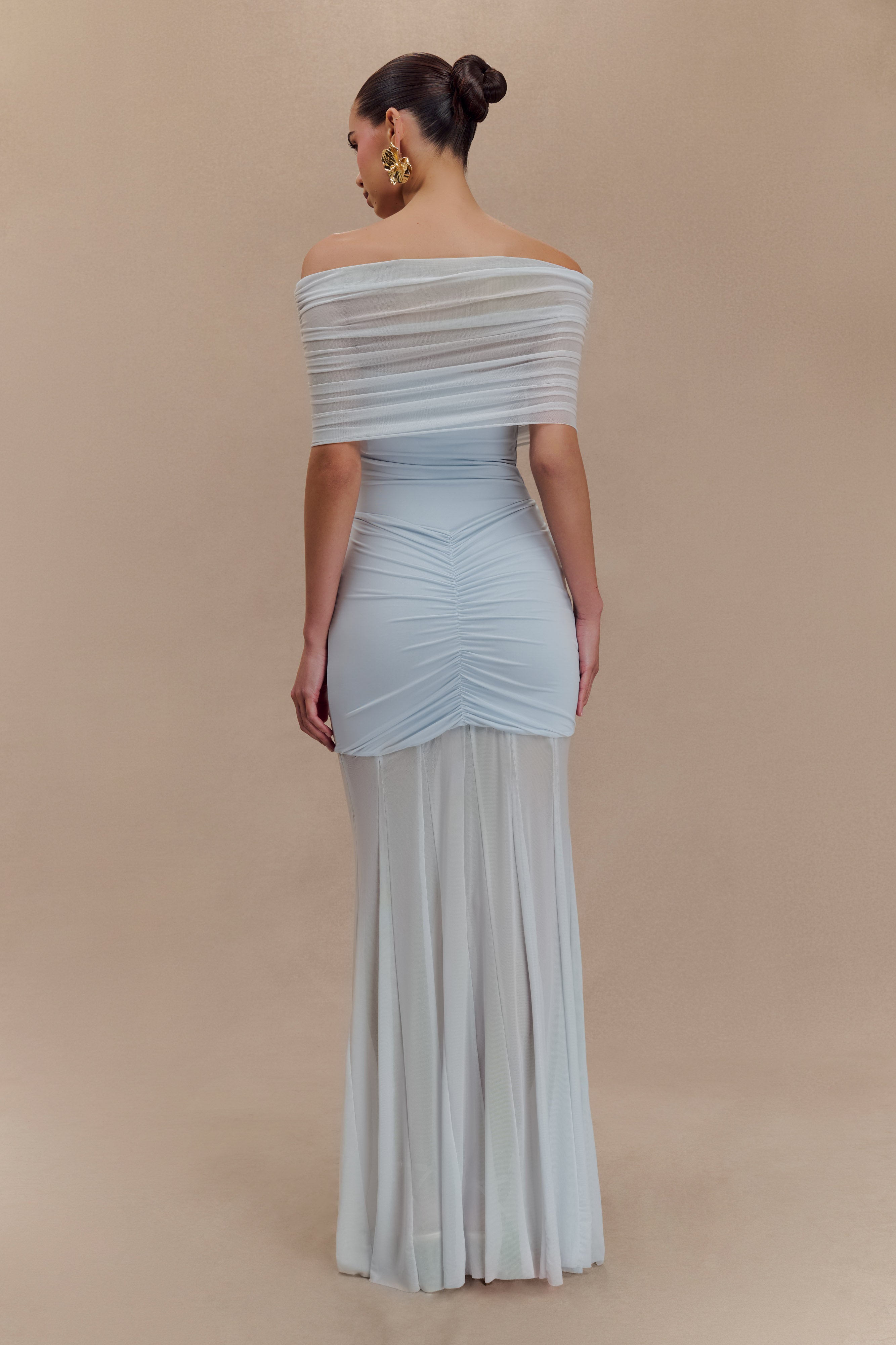 Caspian Slinky And Mesh Off Shoulder Maxi Dress in Pale Blue – Chic&Drifts