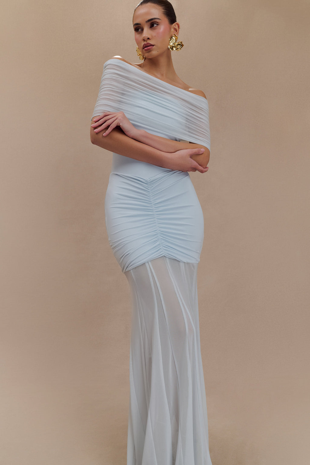 Caspian Slinky And Mesh Off Shoulder Maxi Dress in Pale Blue – Chic&Drifts