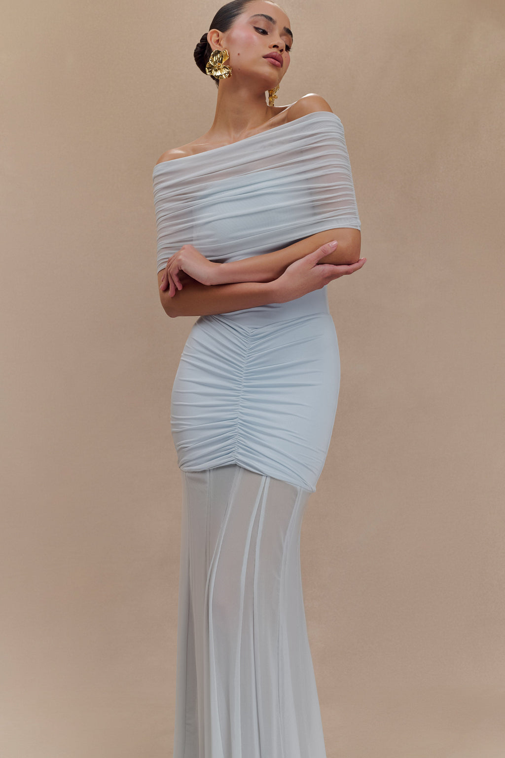 Caspian Slinky And Mesh Off Shoulder Maxi Dress in Pale Blue – Chic&Drifts