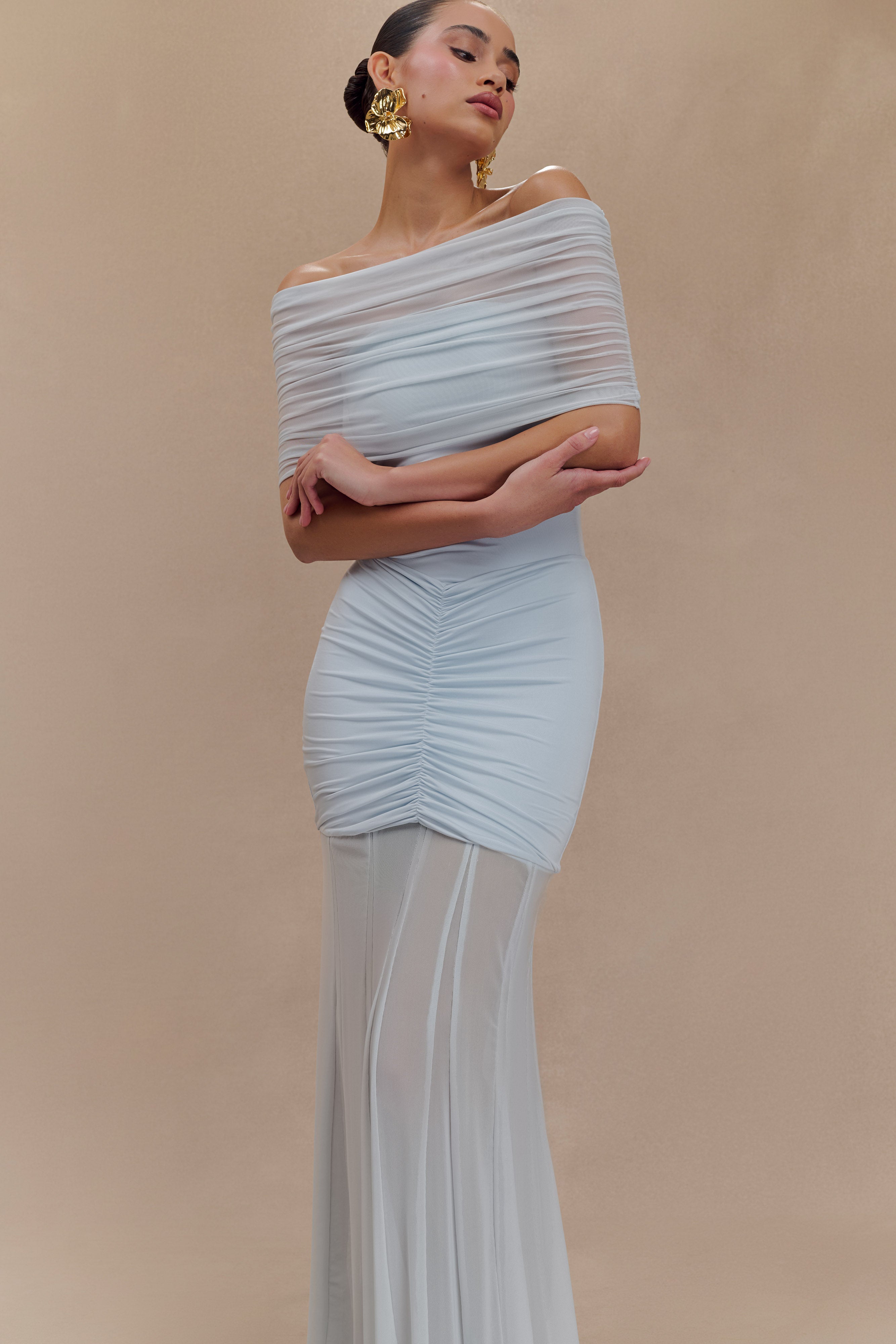 Caspian Slinky And Mesh Off Shoulder Maxi Dress in Pale Blue – Chic&Drifts