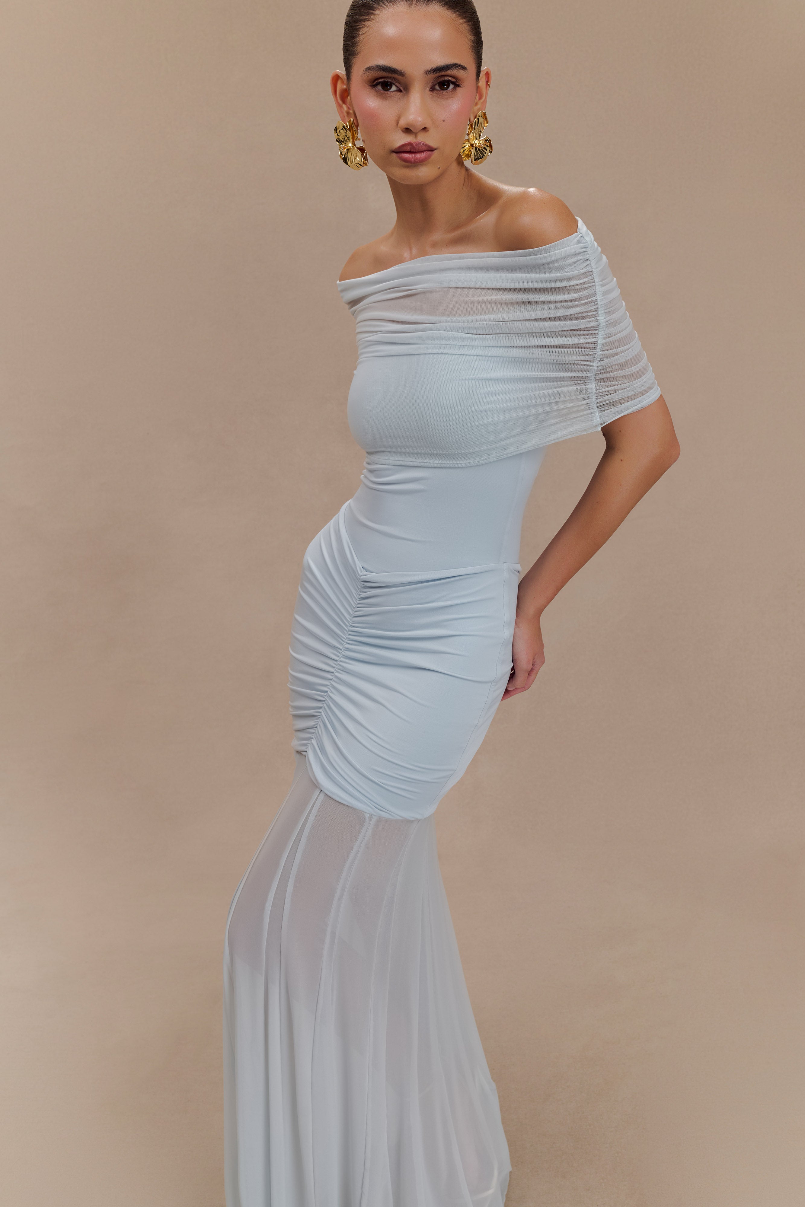 Caspian Slinky And Mesh Off Shoulder Maxi Dress in Pale Blue – Chic&Drifts