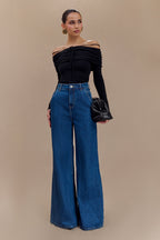 Jen Wide Leg Flare Jeans in Dark Blue – Chic&Drifts