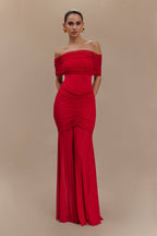Caspian Slinky And Mesh Off Shoulder Maxi Dress in Ruby – Chic&Drifts