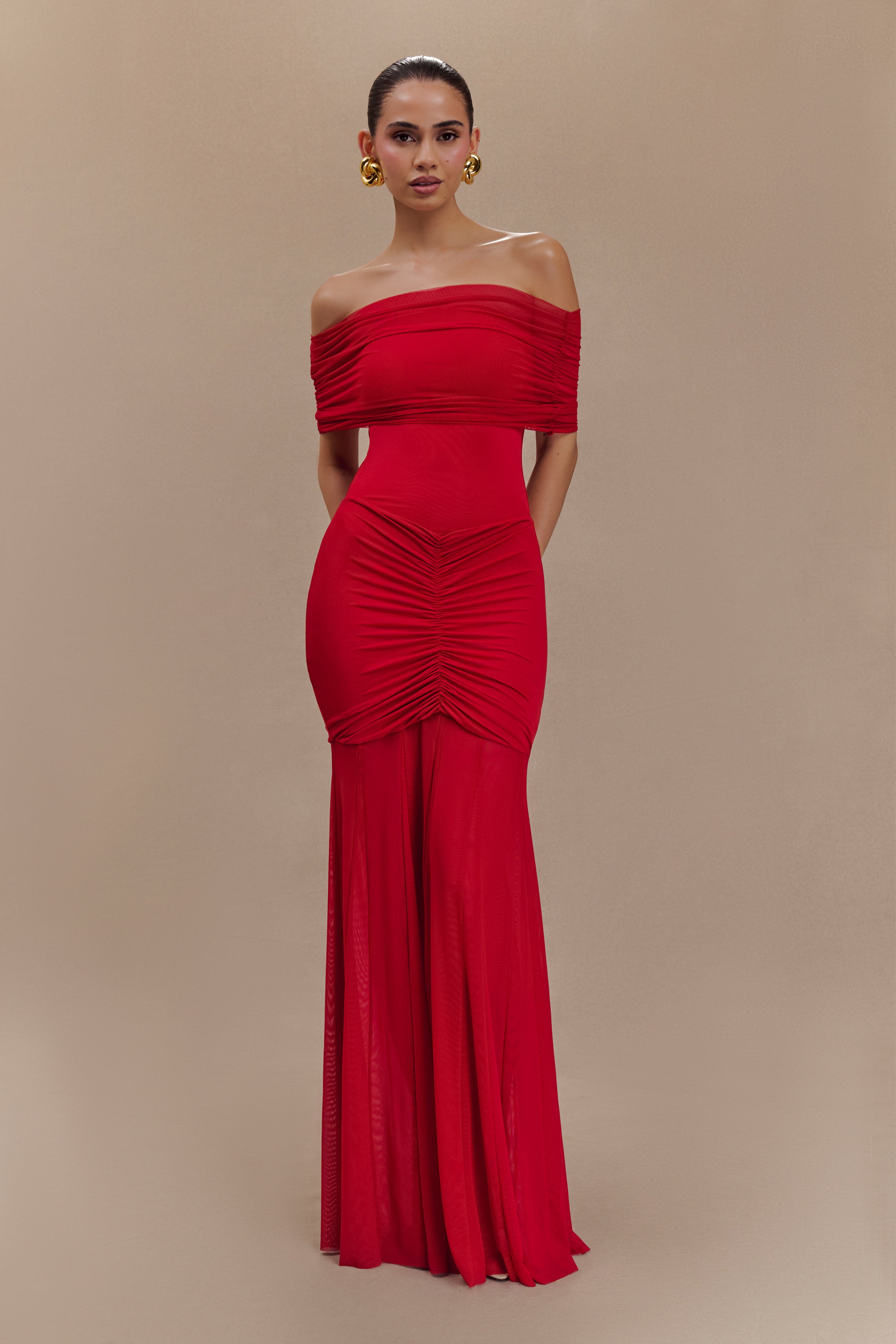 Caspian Slinky And Mesh Off Shoulder Maxi Dress in Ruby – Chic&Drifts