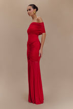 Caspian Slinky And Mesh Off Shoulder Maxi Dress in Ruby – Chic&Drifts
