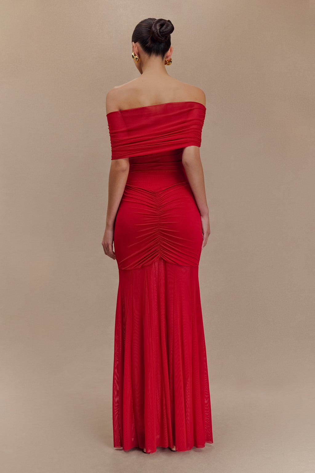 Caspian Slinky And Mesh Off Shoulder Maxi Dress in Ruby – Chic&Drifts