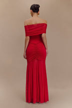 Caspian Slinky And Mesh Off Shoulder Maxi Dress in Ruby – Chic&Drifts