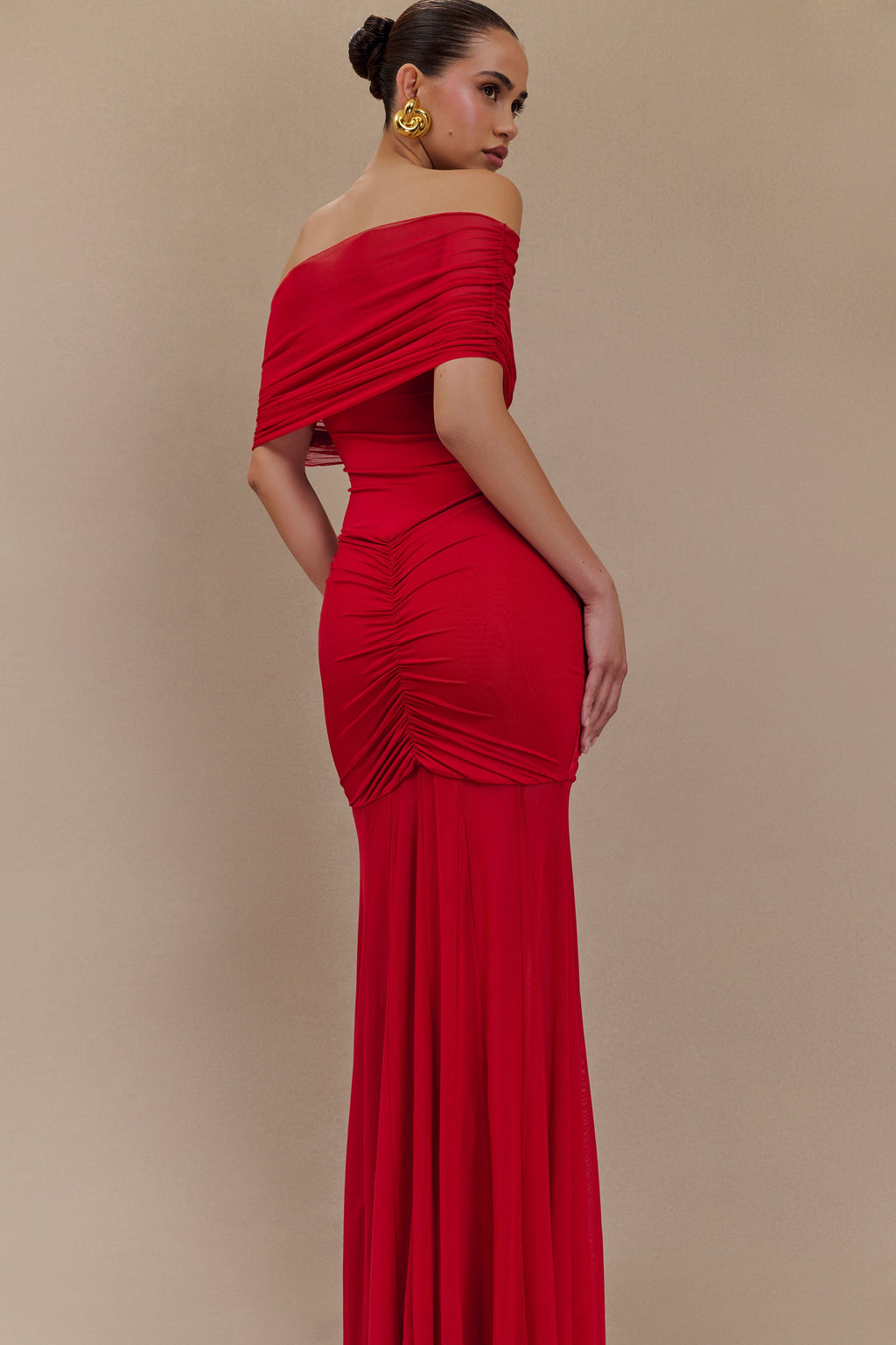 Caspian Slinky And Mesh Off Shoulder Maxi Dress in Ruby – Chic&Drifts