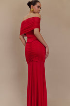 Caspian Slinky And Mesh Off Shoulder Maxi Dress in Ruby – Chic&Drifts