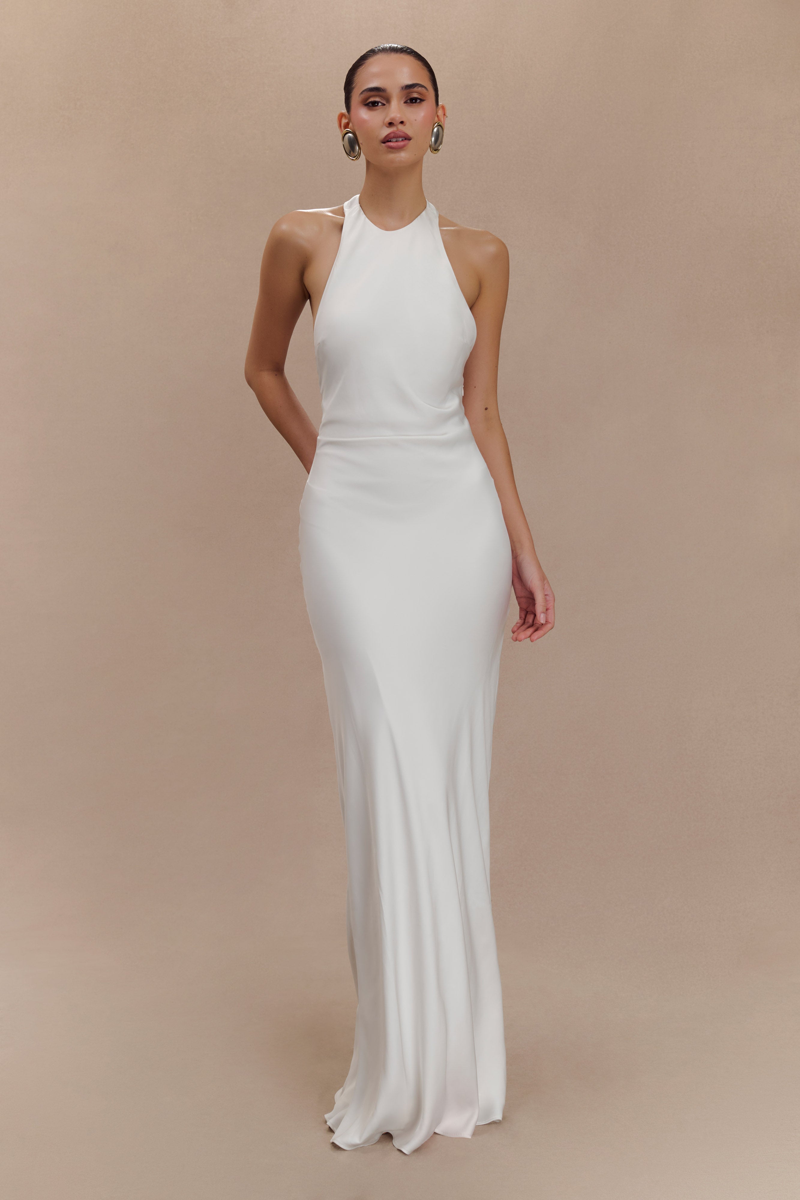 Rinna Satin Halter Maxi Dress in Ivory – Chic&Drifts