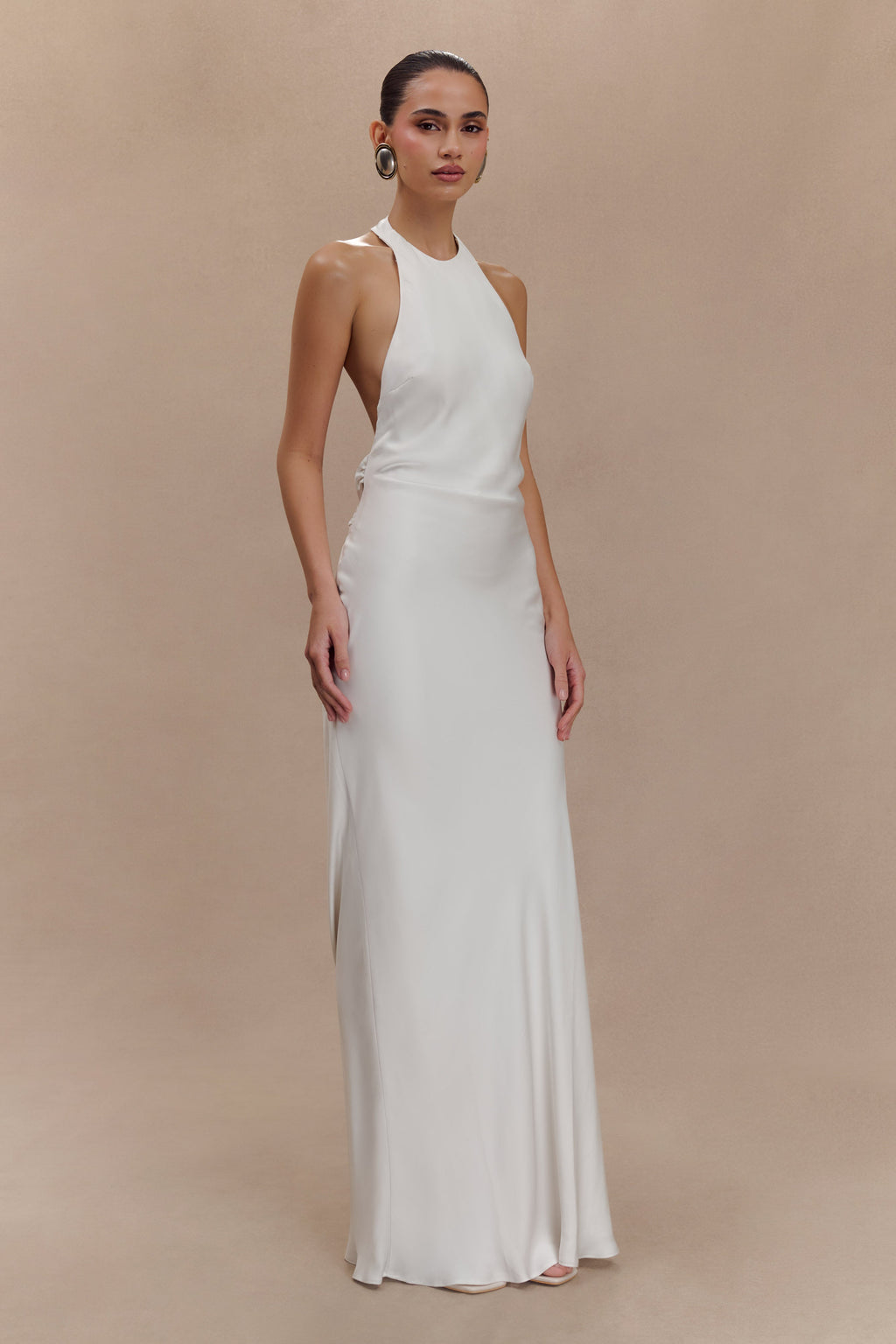 Rinna Satin Halter Maxi Dress in Ivory – Chic&Drifts