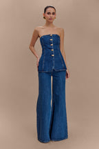Lennox Strapless Long Line Button Top in Dark Blue – Chic&Drifts