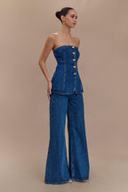 Lennox Strapless Long Line Button Top in Dark Blue – Chic&Drifts