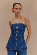Lennox Strapless Long Line Button Top in Dark Blue – Chic&Drifts