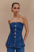 Lennox Strapless Long Line Button Top in Dark Blue – Chic&Drifts