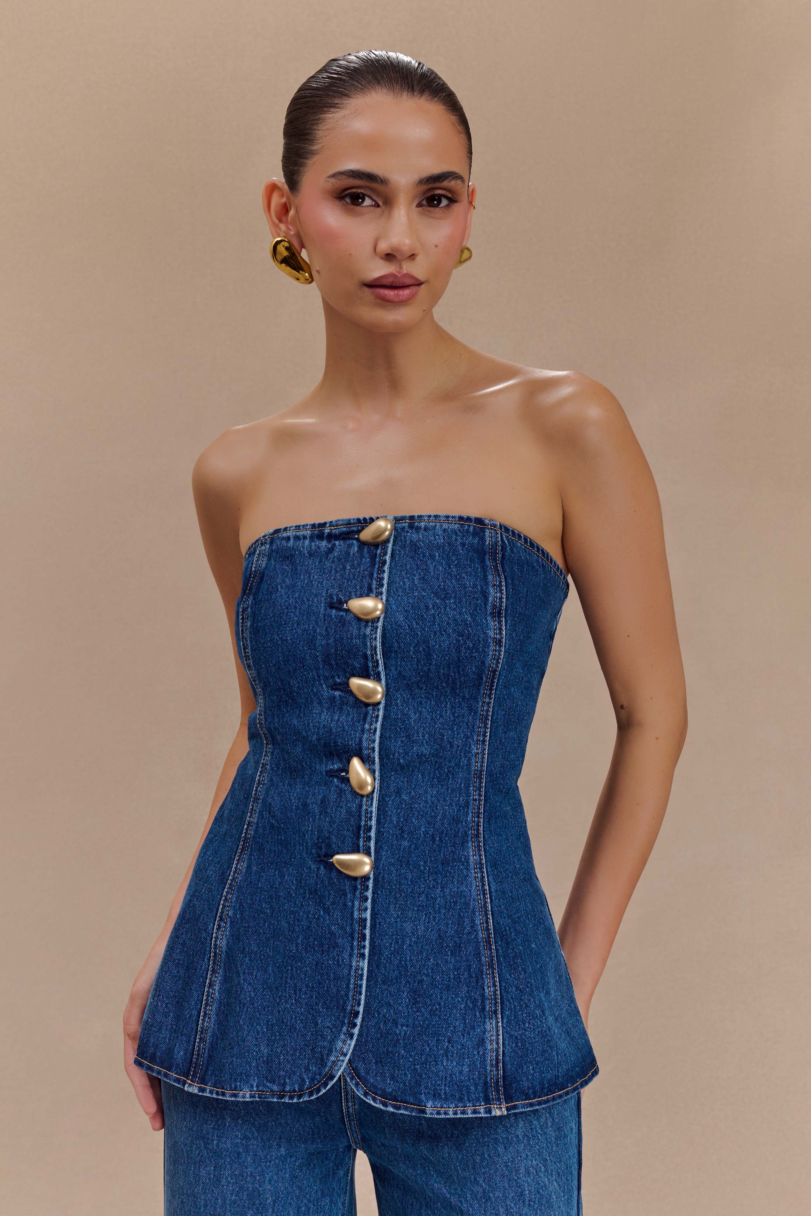 Lennox Strapless Long Line Button Top in Dark Blue – Chic&Drifts