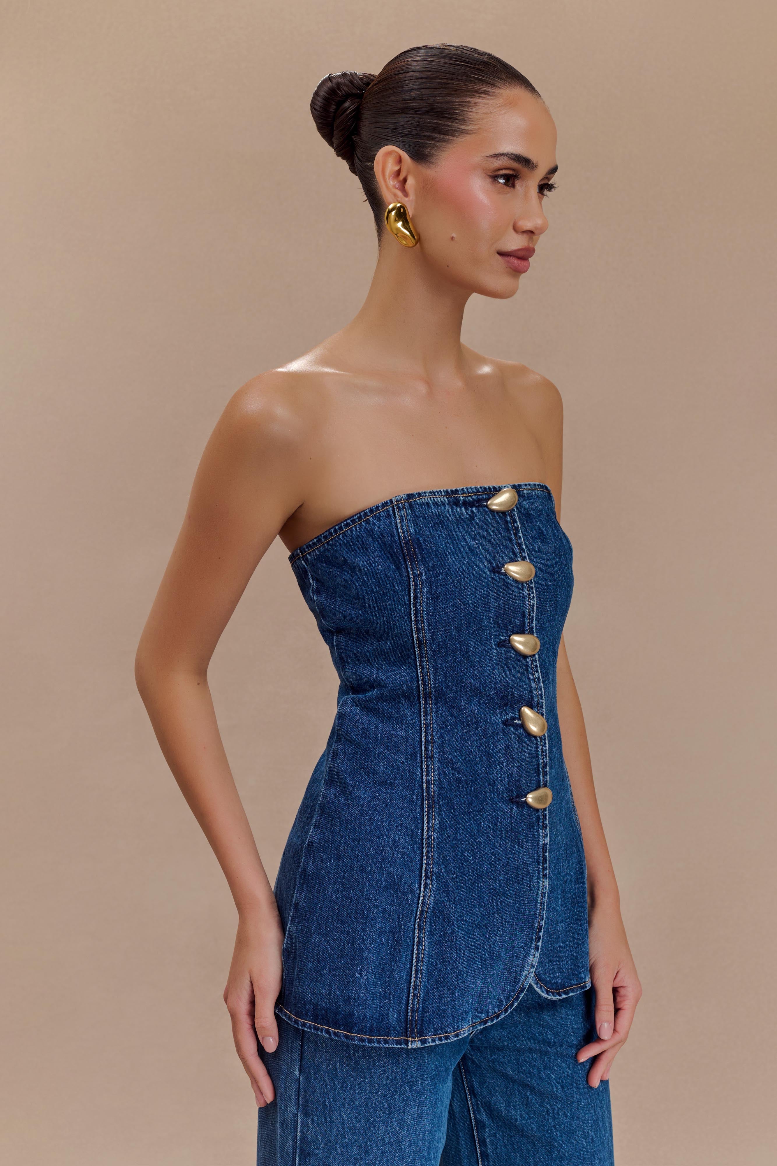Lennox Strapless Long Line Button Top in Dark Blue – Chic&Drifts