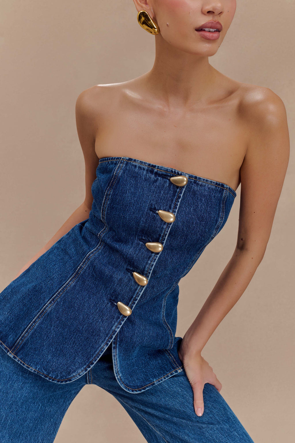 Lennox Strapless Long Line Button Top in Dark Blue – Chic&Drifts