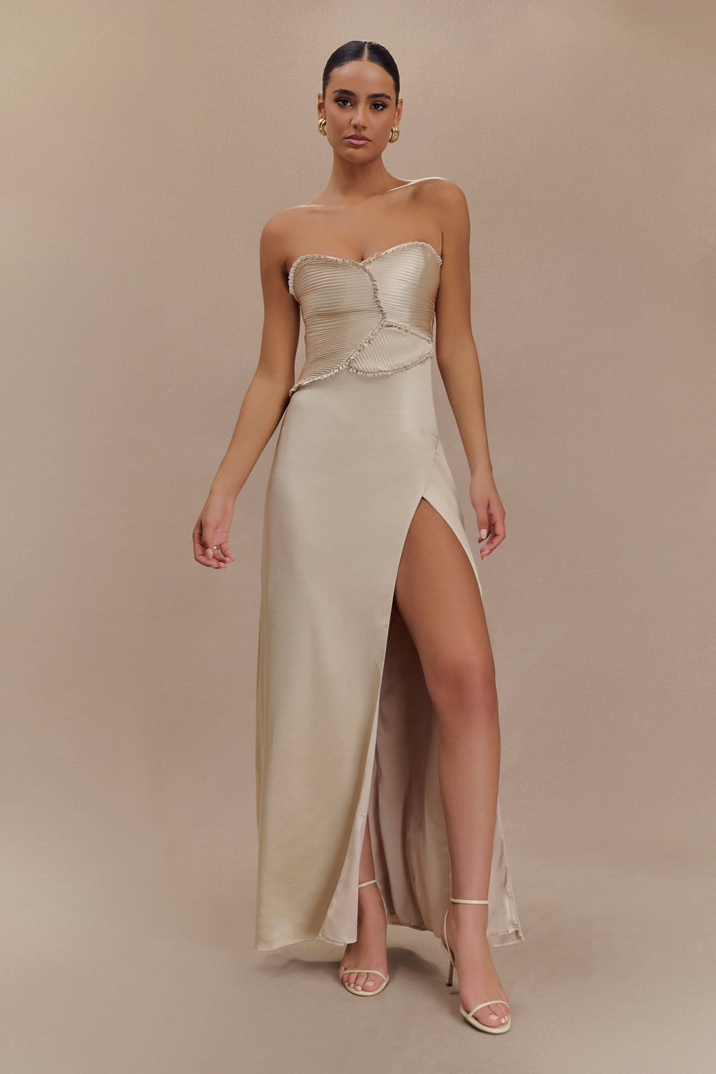 Larissa Satin Maxi Dress With Ruched Petals in Blush Gold – Chic&Drifts