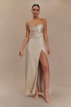 Larissa Satin Maxi Dress With Ruched Petals in Blush Gold – Chic&Drifts