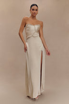 Larissa Satin Maxi Dress With Ruched Petals in Blush Gold – Chic&Drifts
