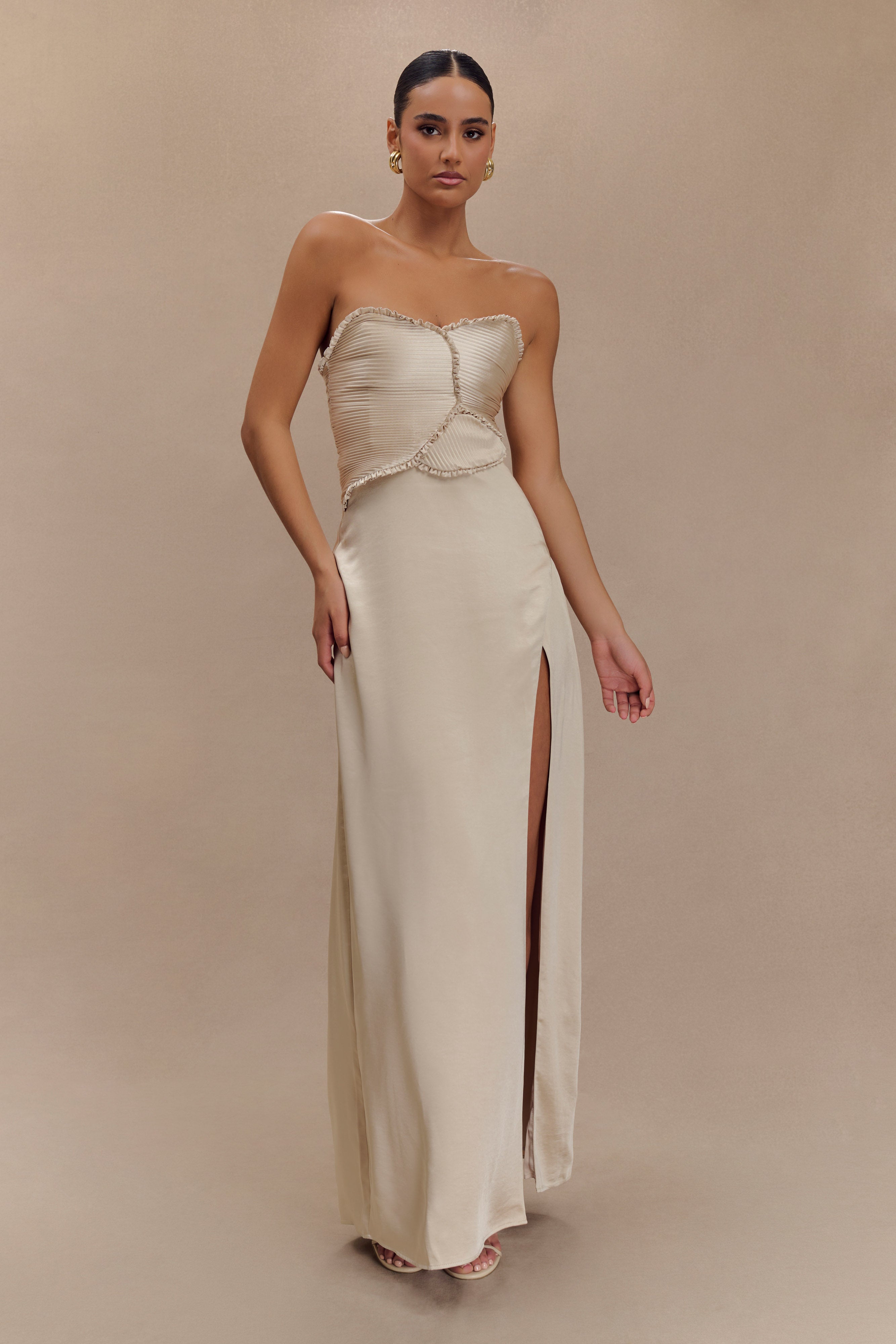 Larissa Satin Maxi Dress With Ruched Petals in Blush Gold – Chic&Drifts