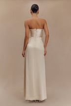 Larissa Satin Maxi Dress With Ruched Petals in Blush Gold – Chic&Drifts