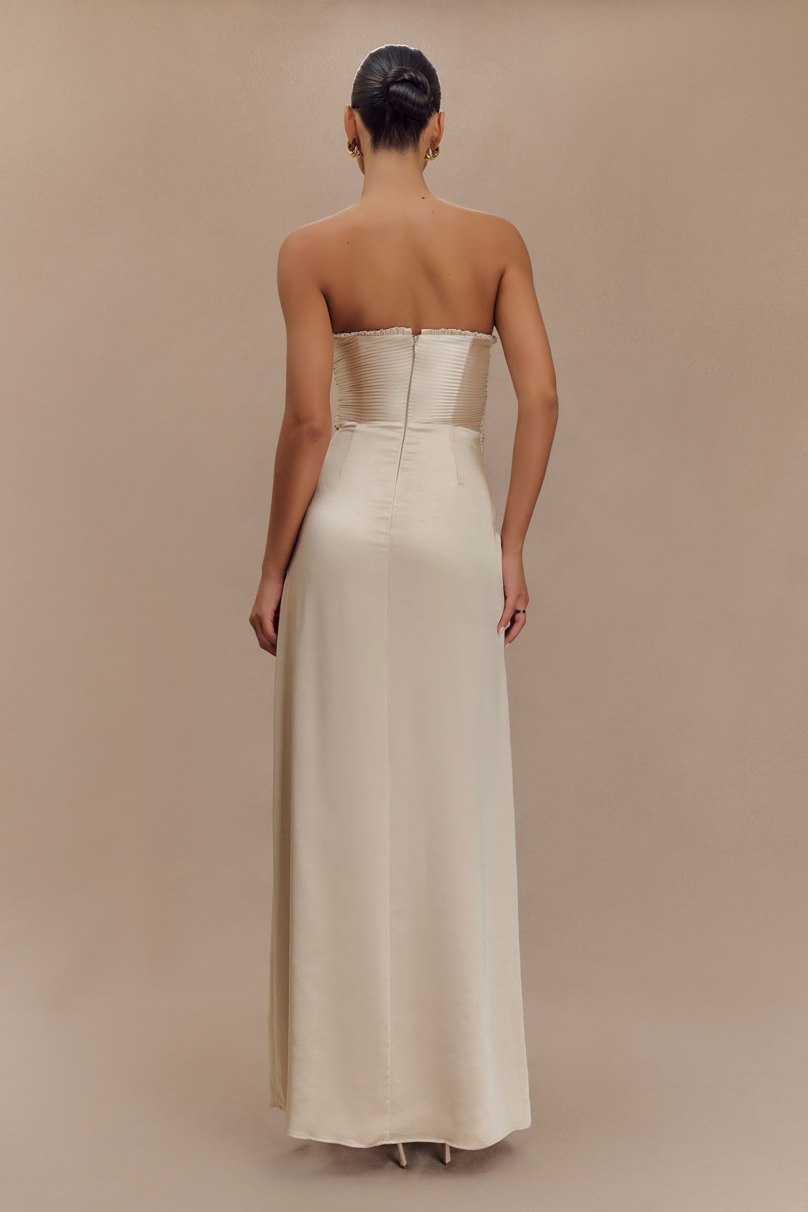 Larissa Satin Maxi Dress With Ruched Petals in Blush Gold – Chic&Drifts