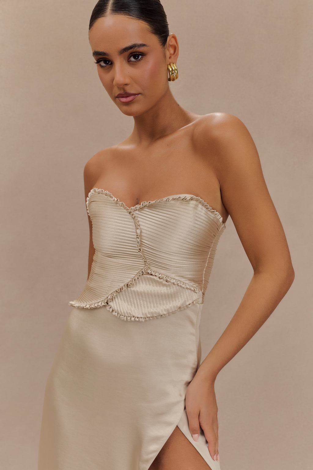 Larissa Satin Maxi Dress With Ruched Petals in Blush Gold – Chic&Drifts