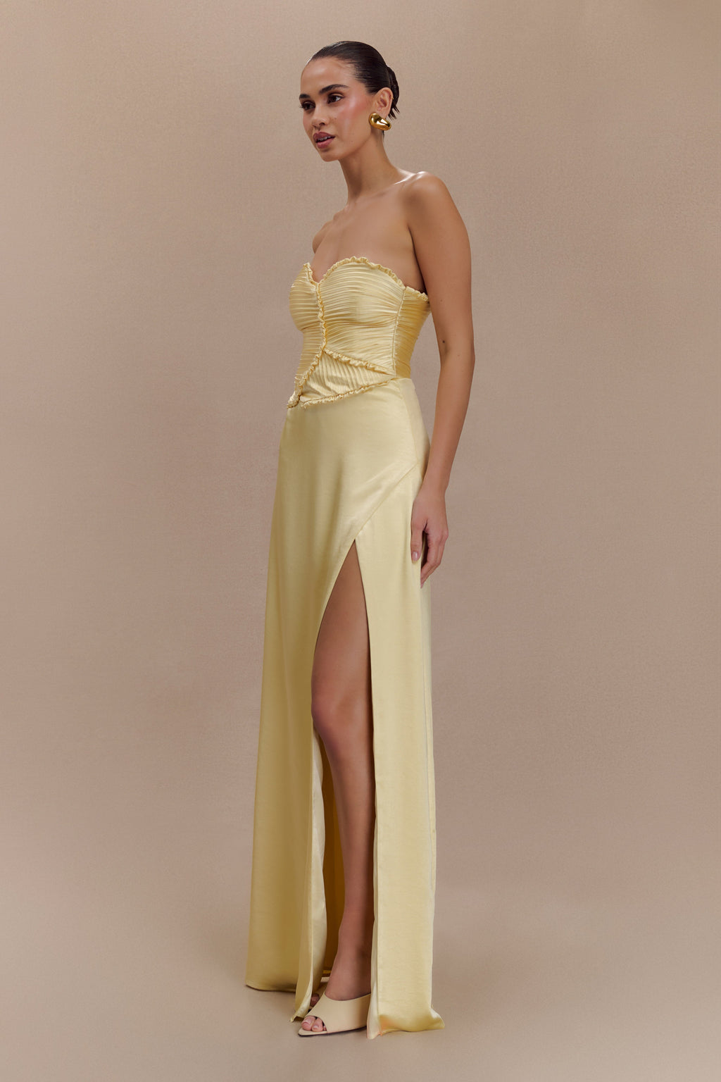 Larissa Satin Maxi Dress With Ruched Petals in Lemon – Chic&Drifts