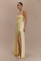 Larissa Satin Maxi Dress With Ruched Petals in Lemon – Chic&Drifts