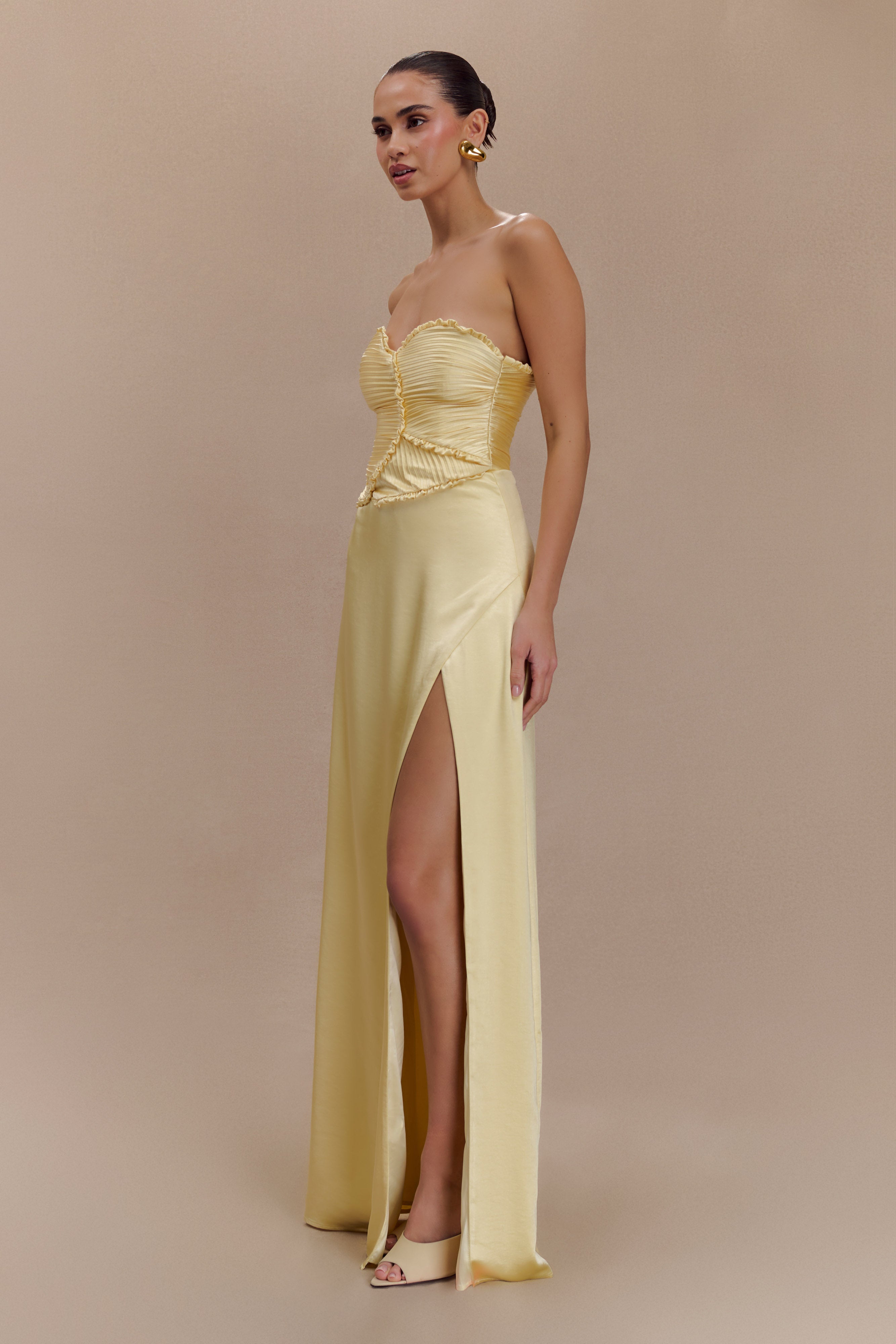Larissa Satin Maxi Dress With Ruched Petals in Lemon – Chic&Drifts