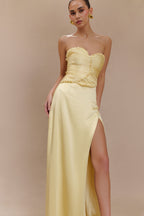 Larissa Satin Maxi Dress With Ruched Petals in Lemon – Chic&Drifts