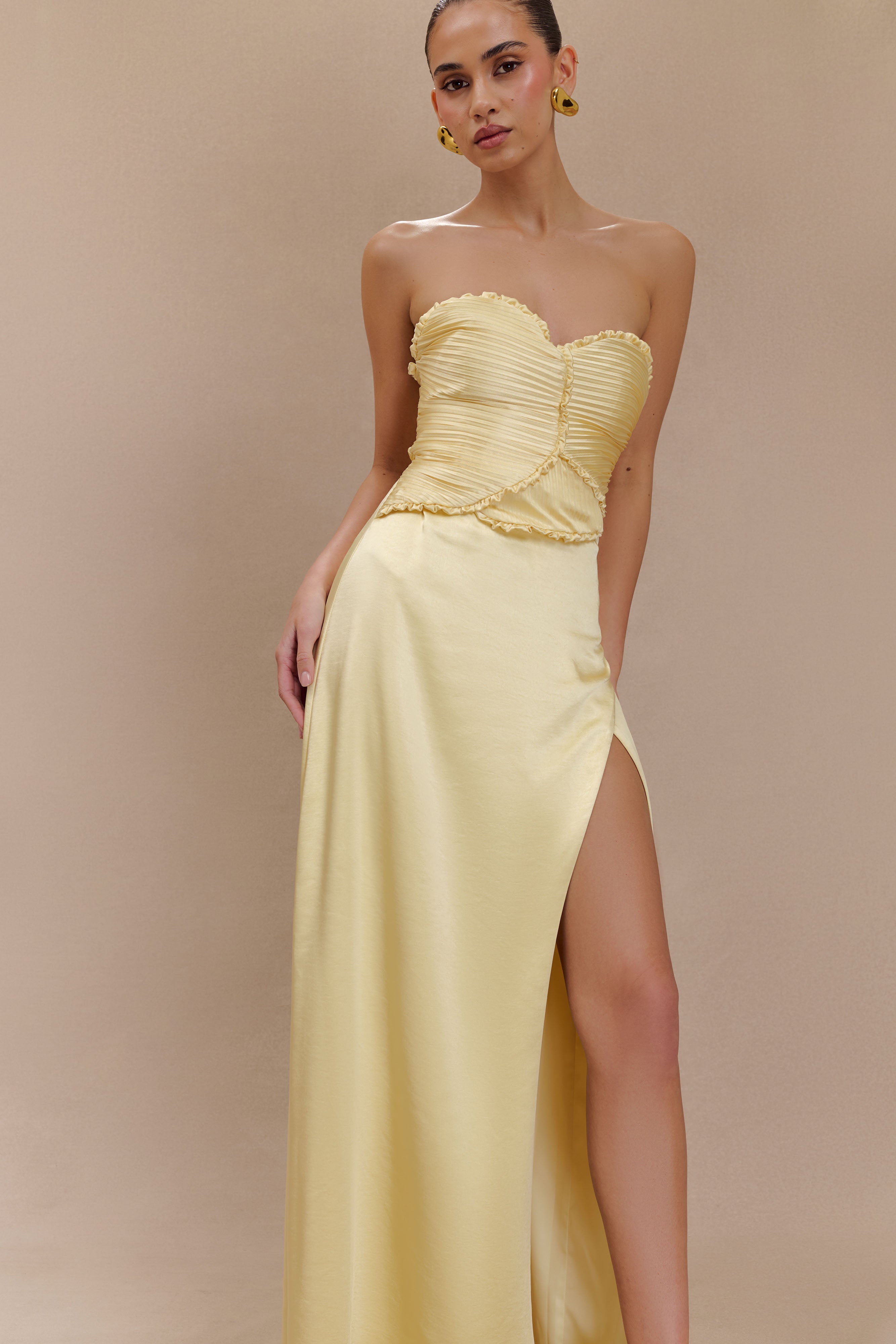 Larissa Satin Maxi Dress With Ruched Petals in Lemon – Chic&Drifts