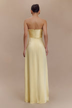Larissa Satin Maxi Dress With Ruched Petals in Lemon – Chic&Drifts