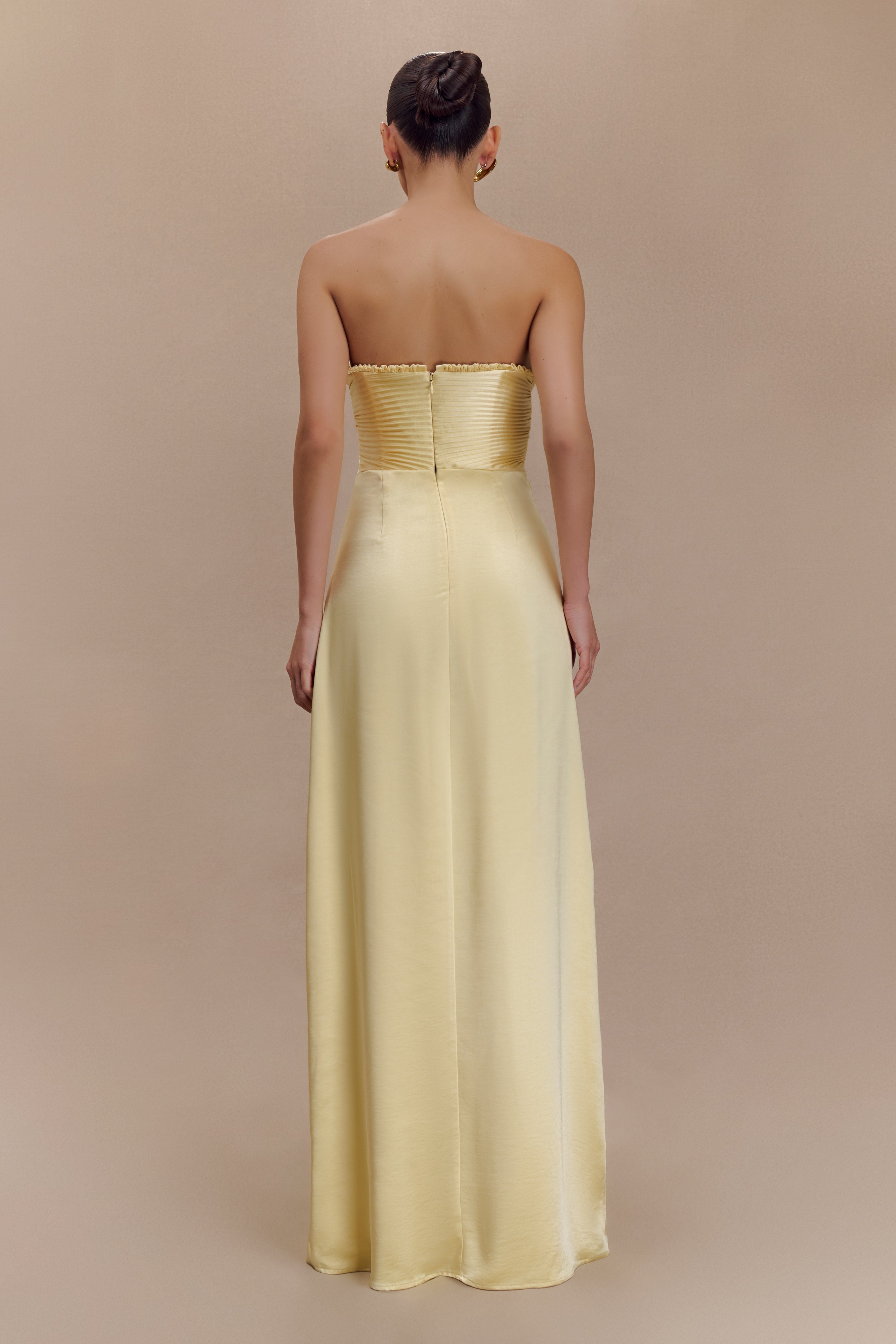 Larissa Satin Maxi Dress With Ruched Petals in Lemon – Chic&Drifts