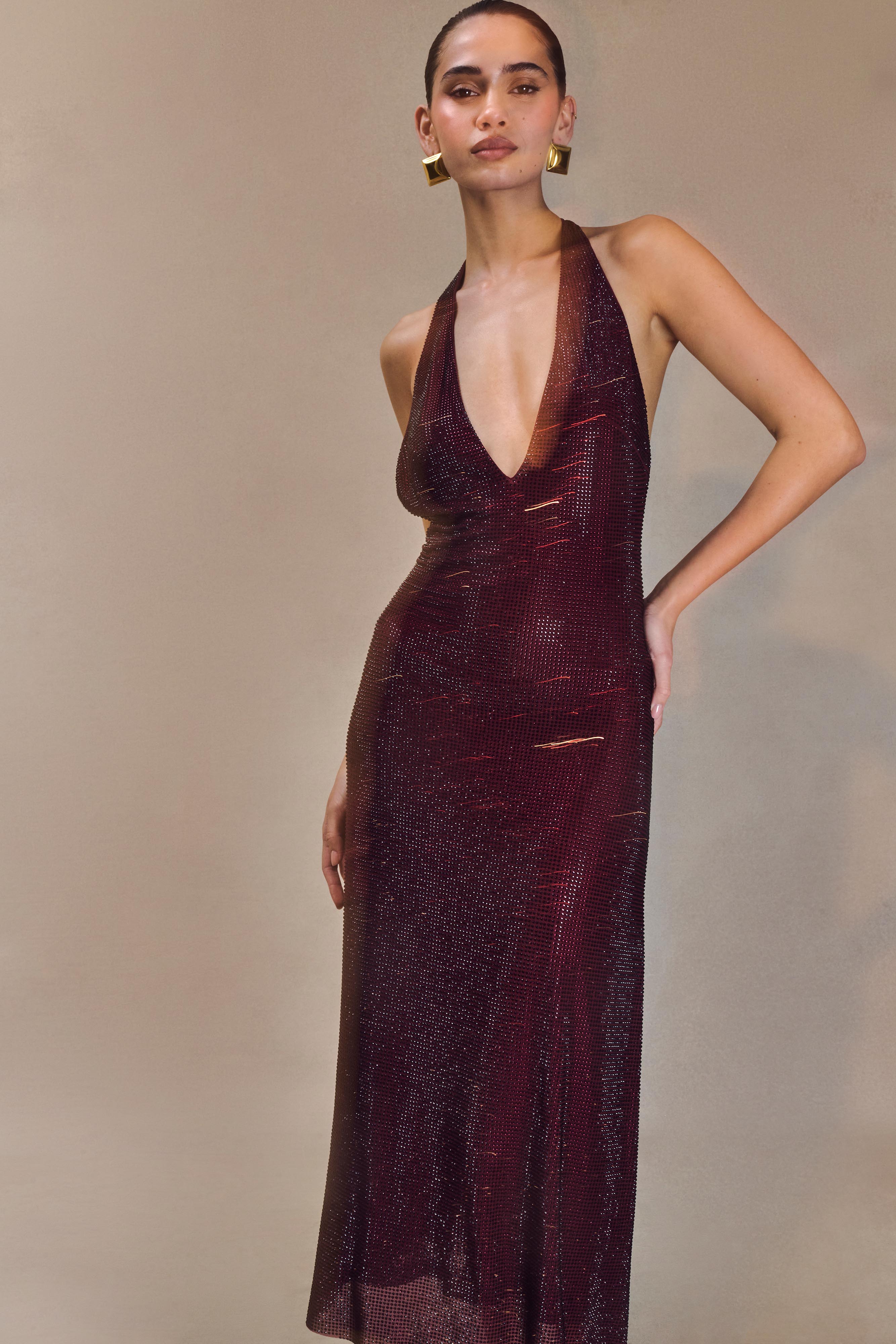 Genie Diamante Halter Midi Dress in Mahogany – Chic&Drifts