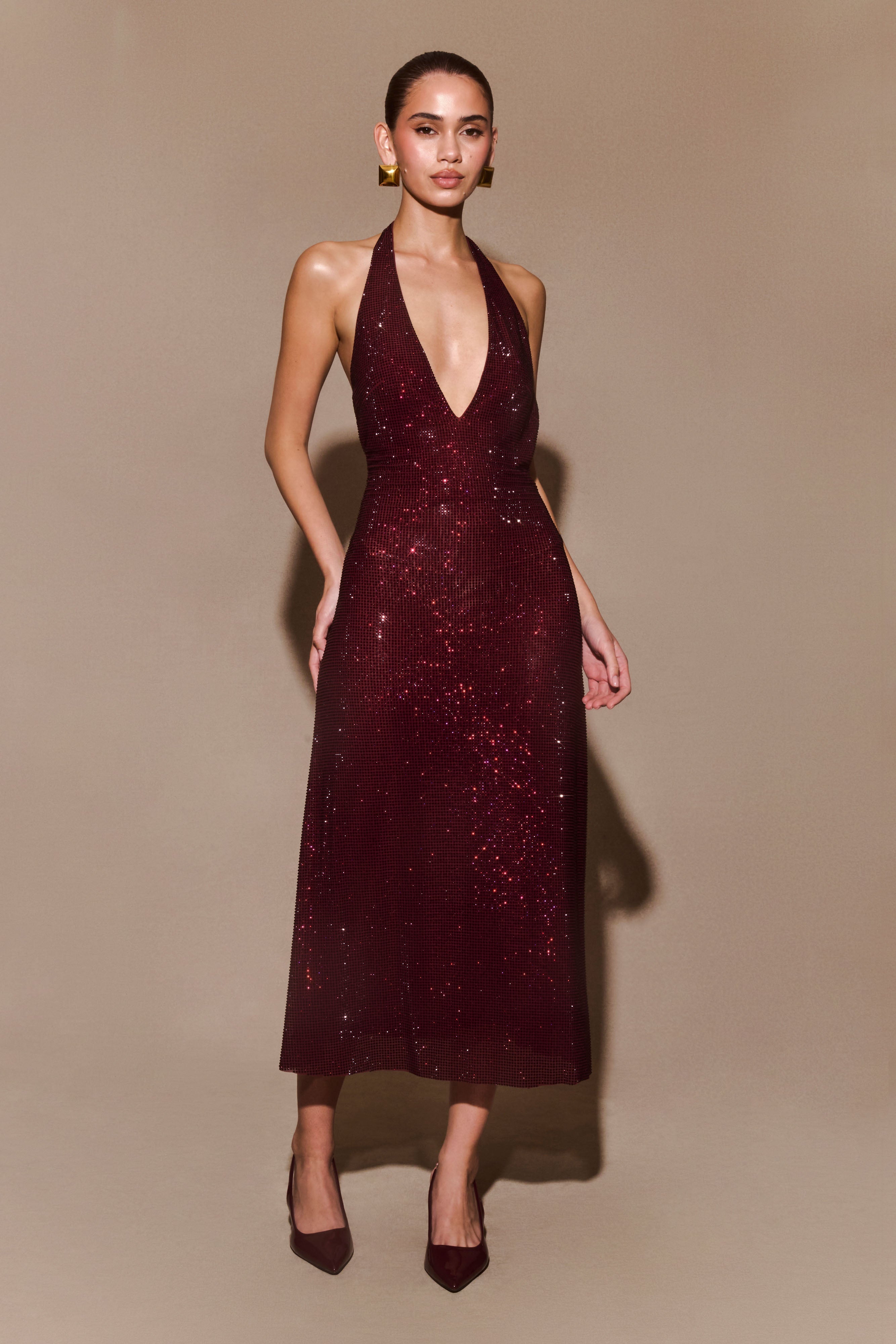 Genie Diamante Halter Midi Dress in Mahogany – Chic&Drifts