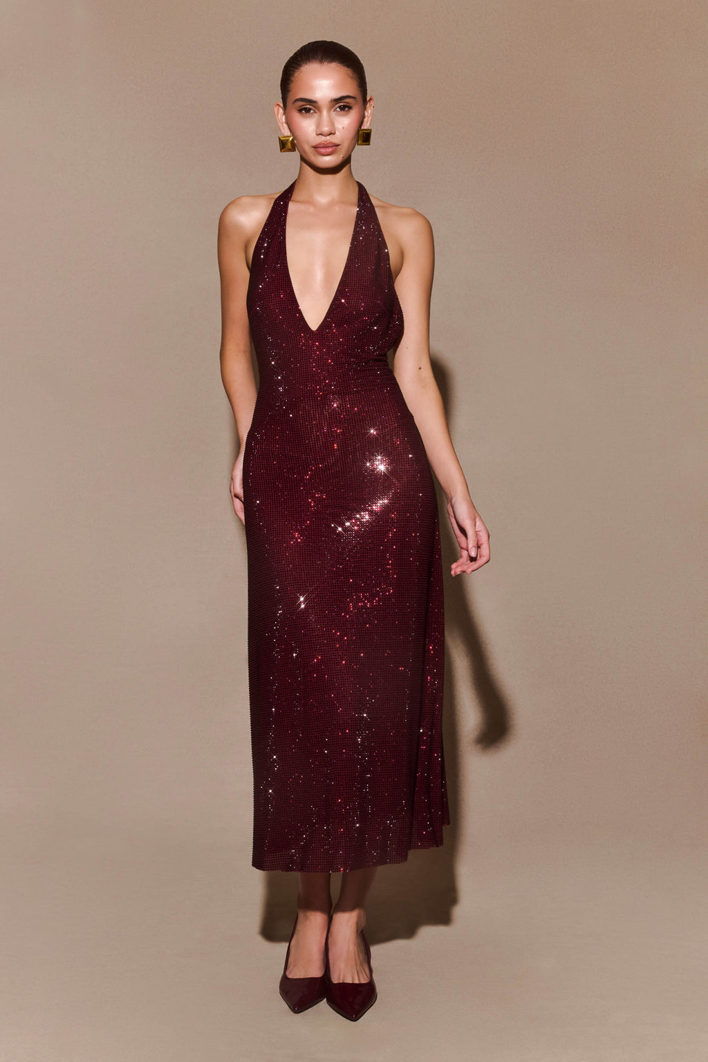 Genie Diamante Halter Midi Dress in Mahogany – Chic&Drifts