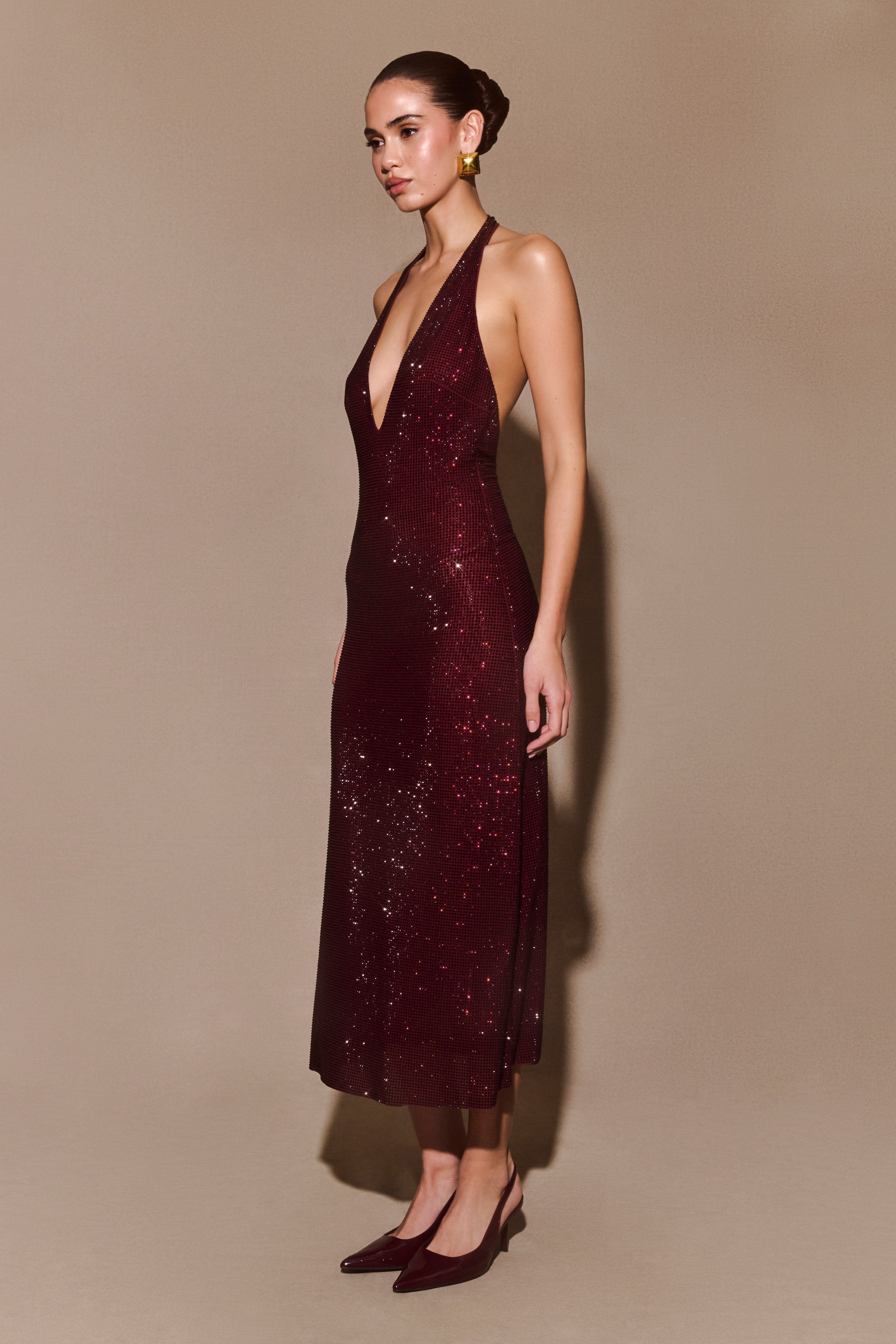 Genie Diamante Halter Midi Dress in Mahogany – Chic&Drifts