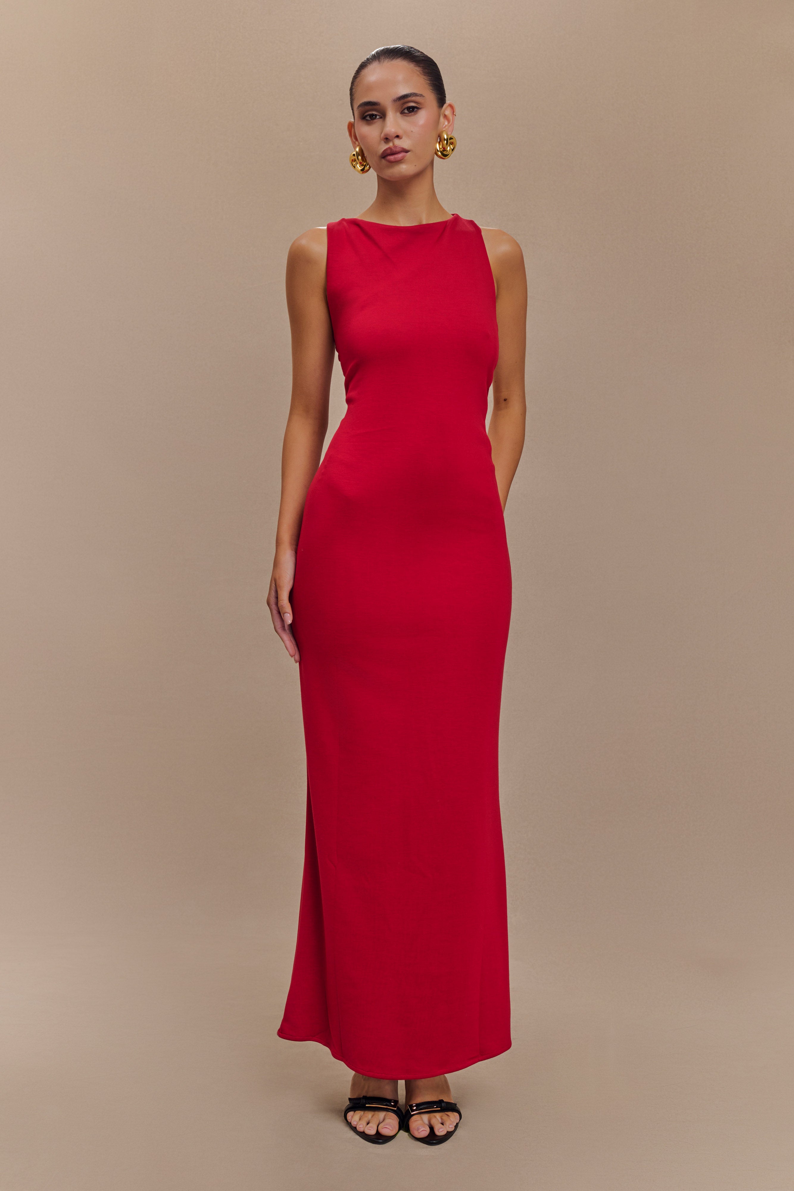 Catelyn Asymmetrical Scuba Jersey Midi Dress in Ruby – Chic&Drifts