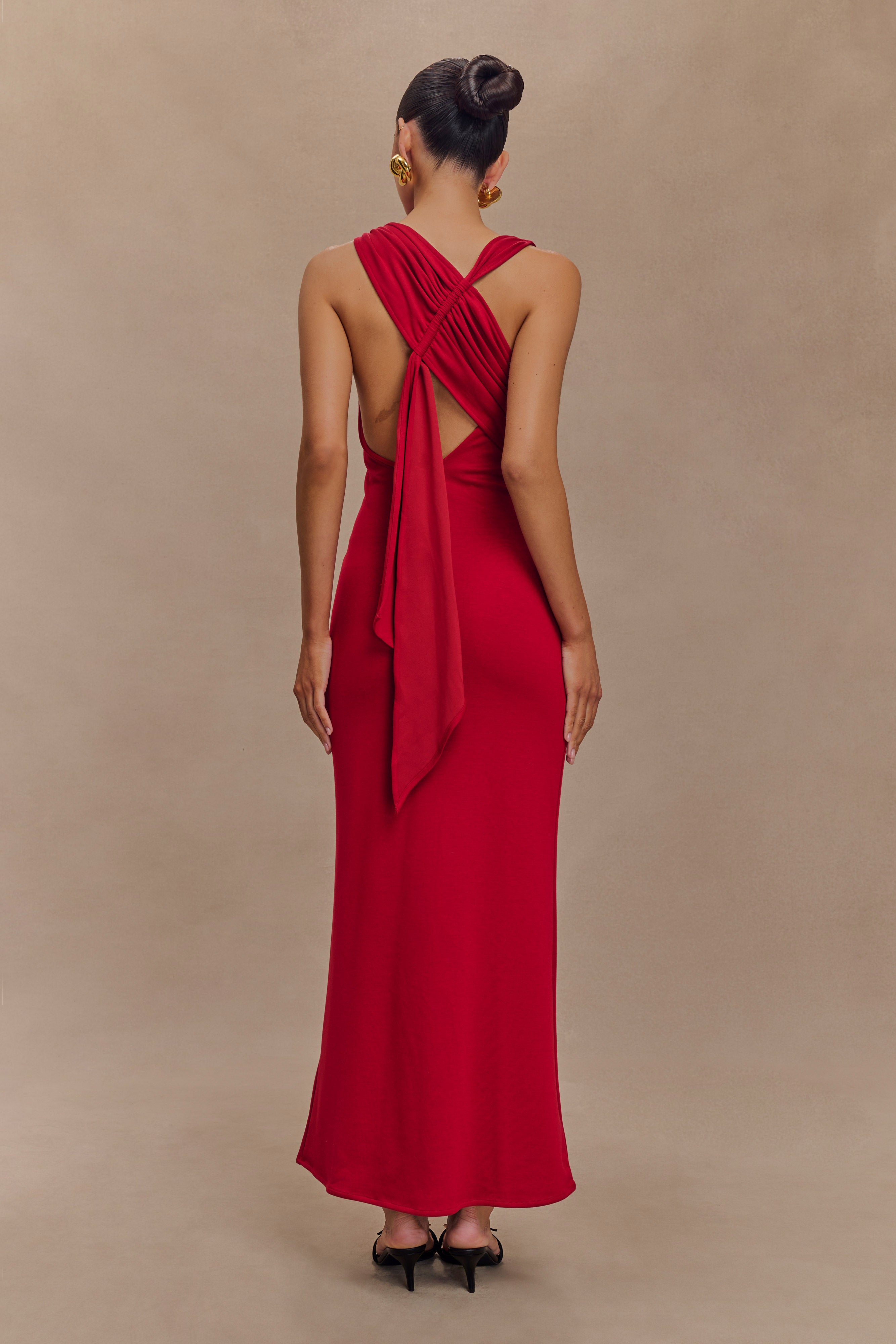 Catelyn Asymmetrical Scuba Jersey Midi Dress in Ruby – Chic&Drifts