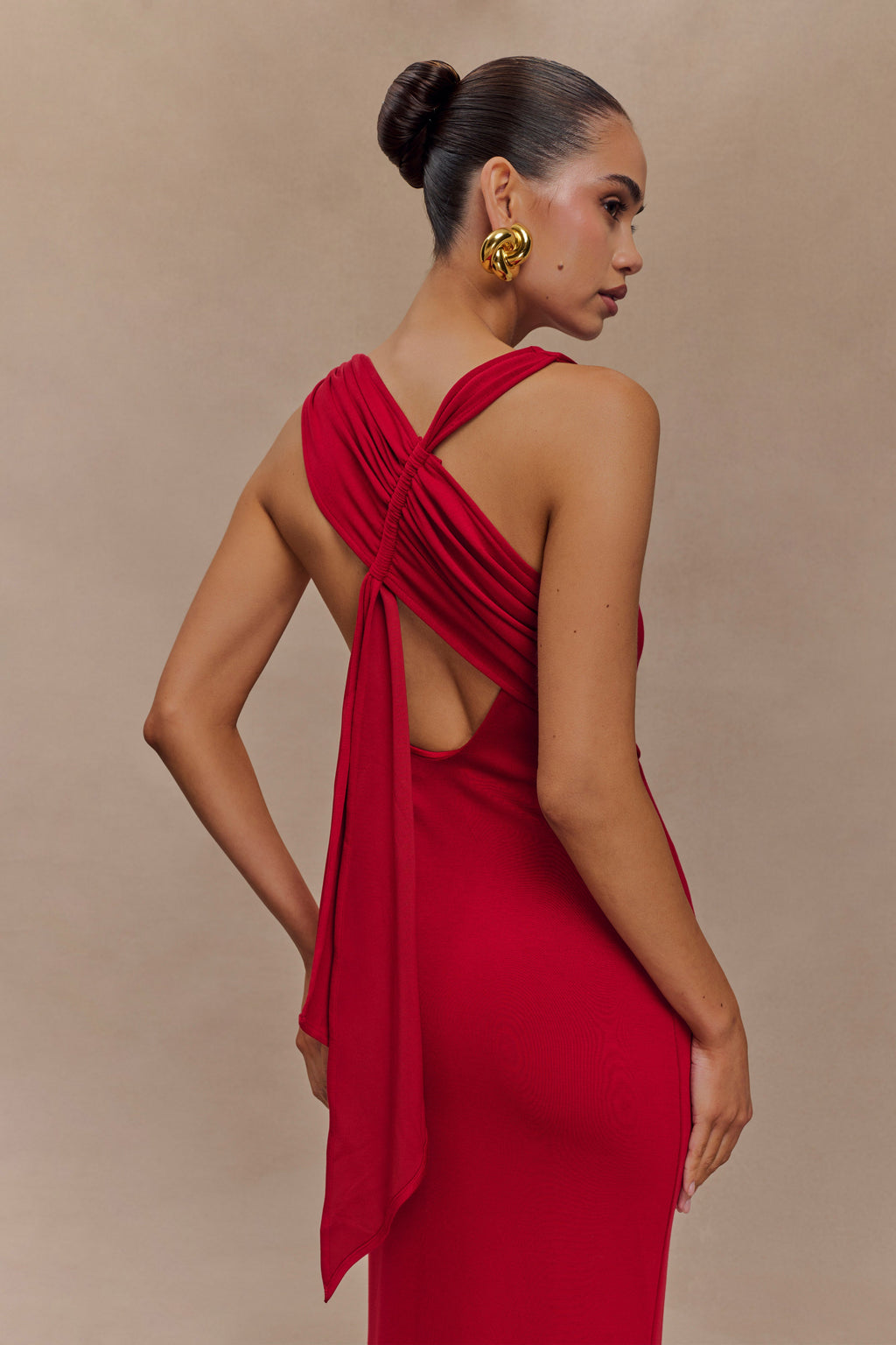 Catelyn Asymmetrical Scuba Jersey Midi Dress in Ruby – Chic&Drifts