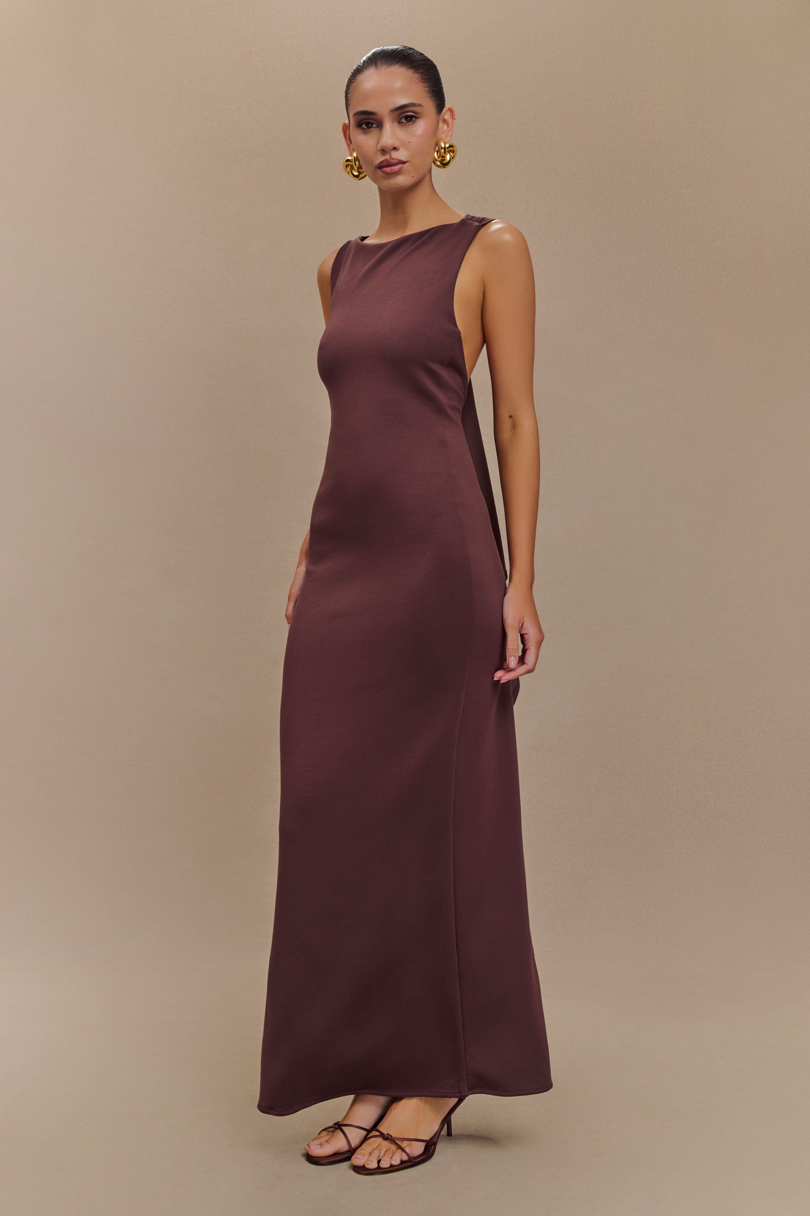 Catelyn Asymmetrical Scuba Jersey Midi Dress in Cacao Brown – Chic&Drifts