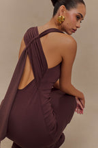 Catelyn Asymmetrical Scuba Jersey Midi Dress in Cacao Brown – Chic&Drifts