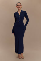 Abbey Buttoned Knit Midi Dress in Navy – Chic&Drifts